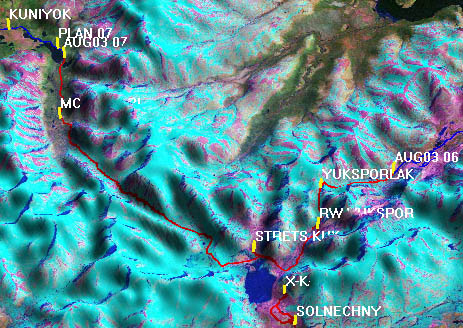 11.08.2003, ходовой день 7: Трёхмерный вид на космоснимке